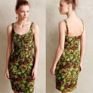 MOULINETTE SOEURS Anthropologie Green and Brown Brocade Floral Print Dress sz 0P